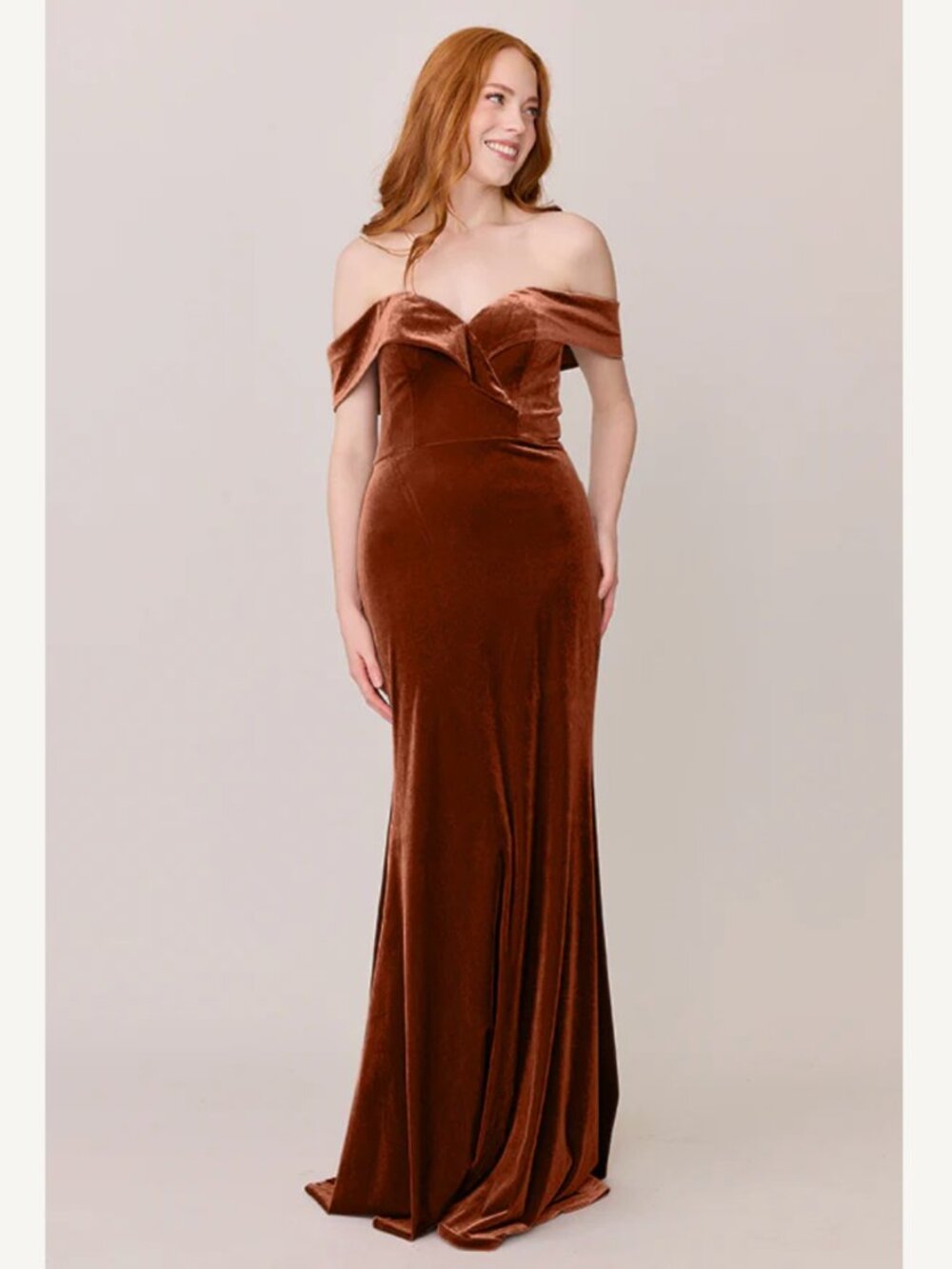 Revelry Bardot Velvet Maxi Dress Size 12 Rust Brown Bridesmaid Wedding Formal